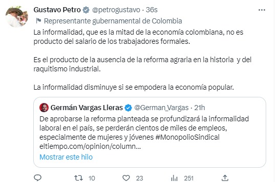 Trino de Petro sobre reparos de las Reforma Laboral de Vargas Lleras