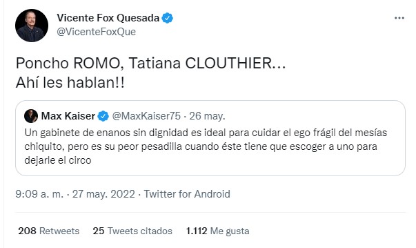 Fox aseguró que la publicación era dirigida para Tatiana Clouthier y Alfonso Romo (Foto: Twitter/@VicenteFoxQue)