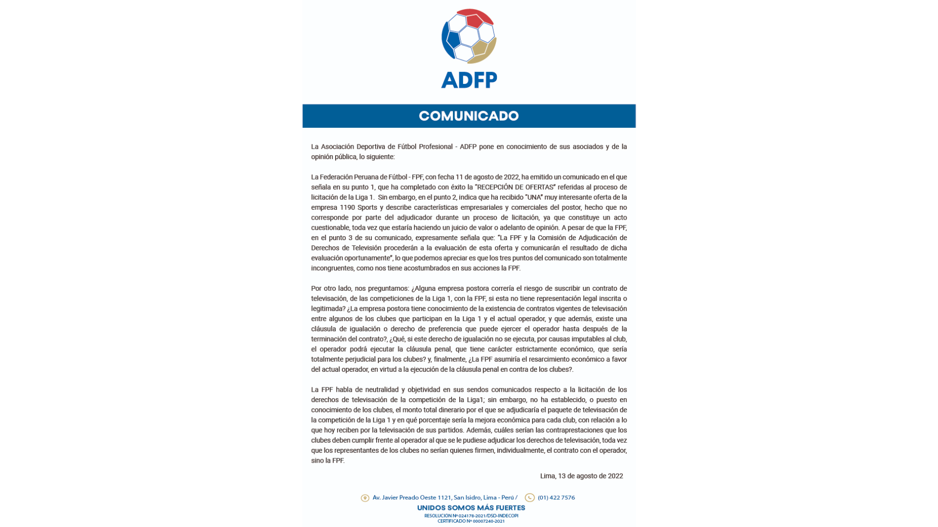 Este es el comunicado que emitió la ADFP. (ADFP)