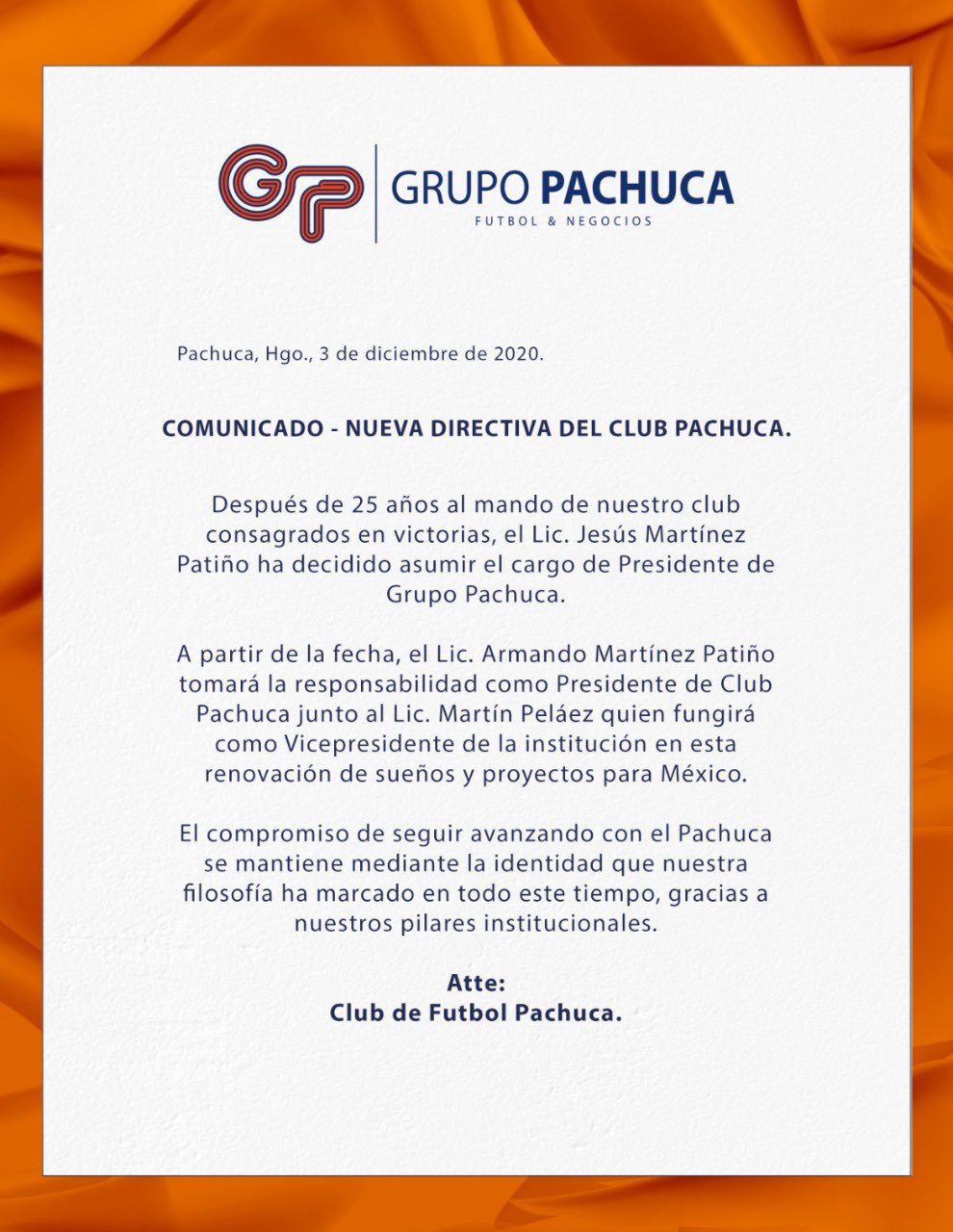 Comunicado de los Tuzos de Pachuca sobre la presidencia del equipo (Foto: Club Pachuca)