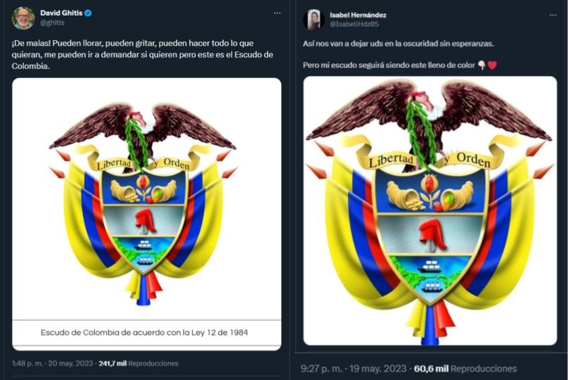 En Twitter varios usuarios se manifestaron en contra del rediseño del escudo por parte de la Presidencia, acompañando sus críticas de una imagen del escudo con sus colores originales (Twitter)