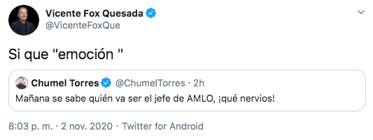 Vicente Fox Quesada, expresidente de México, respaldó el tuit del youtuber Chumel Torres (Foto: Twitter)