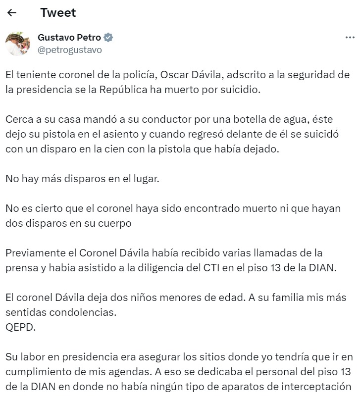 Gustavo Petro en Twitter sobre la muerte del coronel óscar Dávila