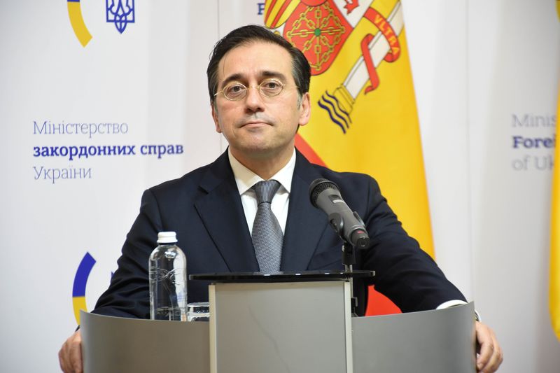 FILE PHOTO: Spain's Foreign Minister Jose Manuel Albares attends a news conference after talks with Ukraine's Foreign Minister Dmitro Kuleba in Kyiv, Ukraine February 9, 2022. REUTERS/Ukrainian Foreign Ministry