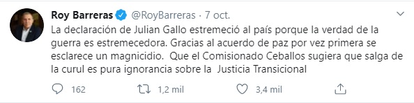 Trino de Roy Barreras sobre la confesión de Carlos Lozada a cerca del asesinato de Álvaro Gómez Hurtado. Foto: Captura de pantalla del Twitter de Roy Barreras.