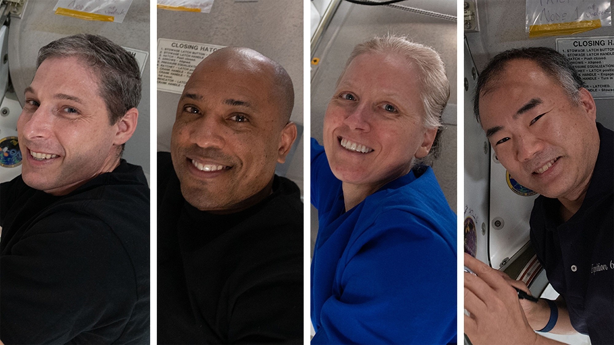 Los astronautas estadounidenses Michael Hopkins, Victor Glover y Shannon Walker y el japonés Soichi Noguchi, tripulación de la llamada SpaceX Crew-1 que regresa de la Estación Espacial Internacional para marcar el fin de la primera misión comercial completa de la empresa de Elon Musk en asociación con la NASA, de un total de seis
