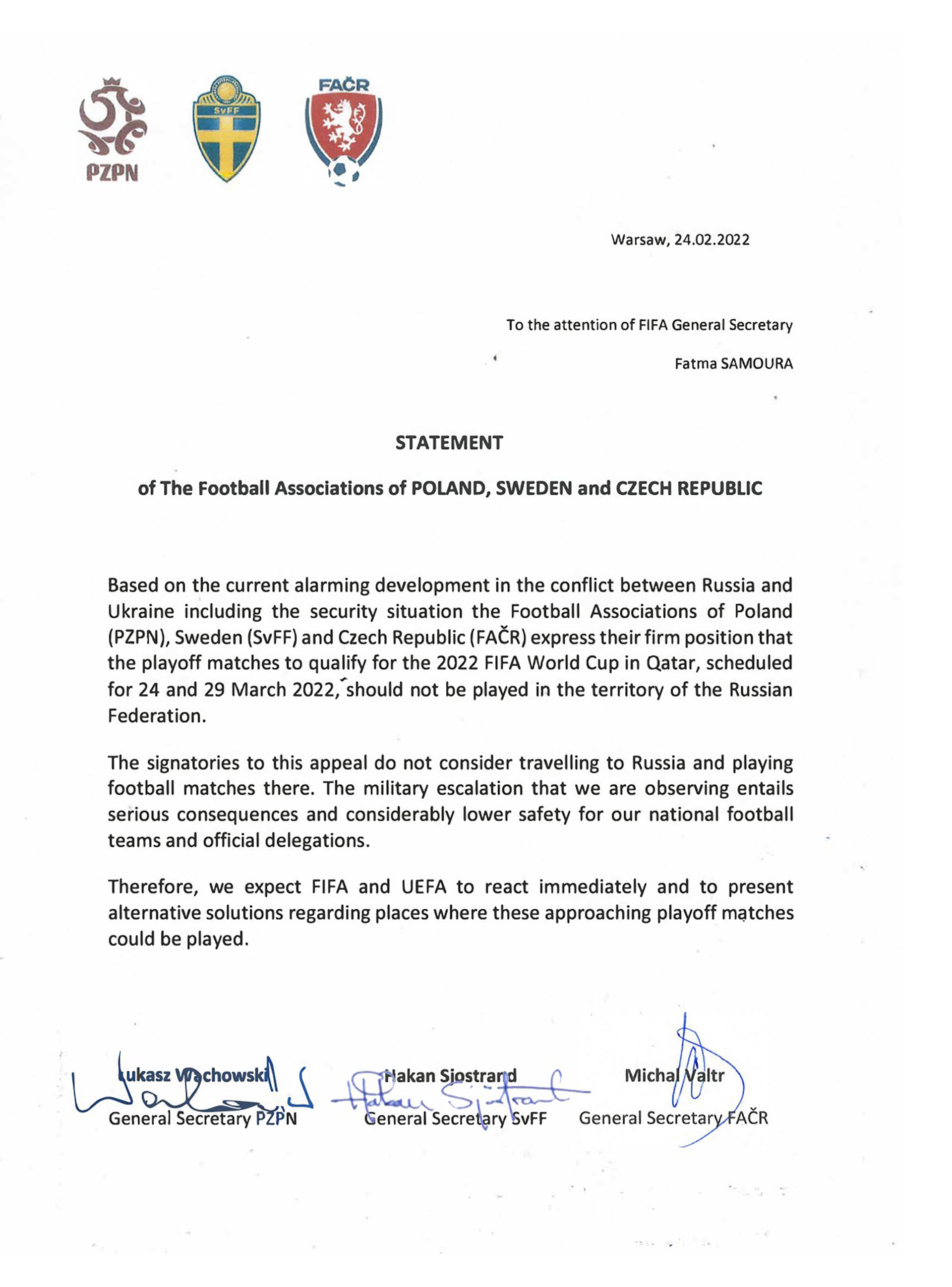 Comunicado de las federaciones de fútbol de Polonia, Suecia y República Checa por el avance de las tropas rusas