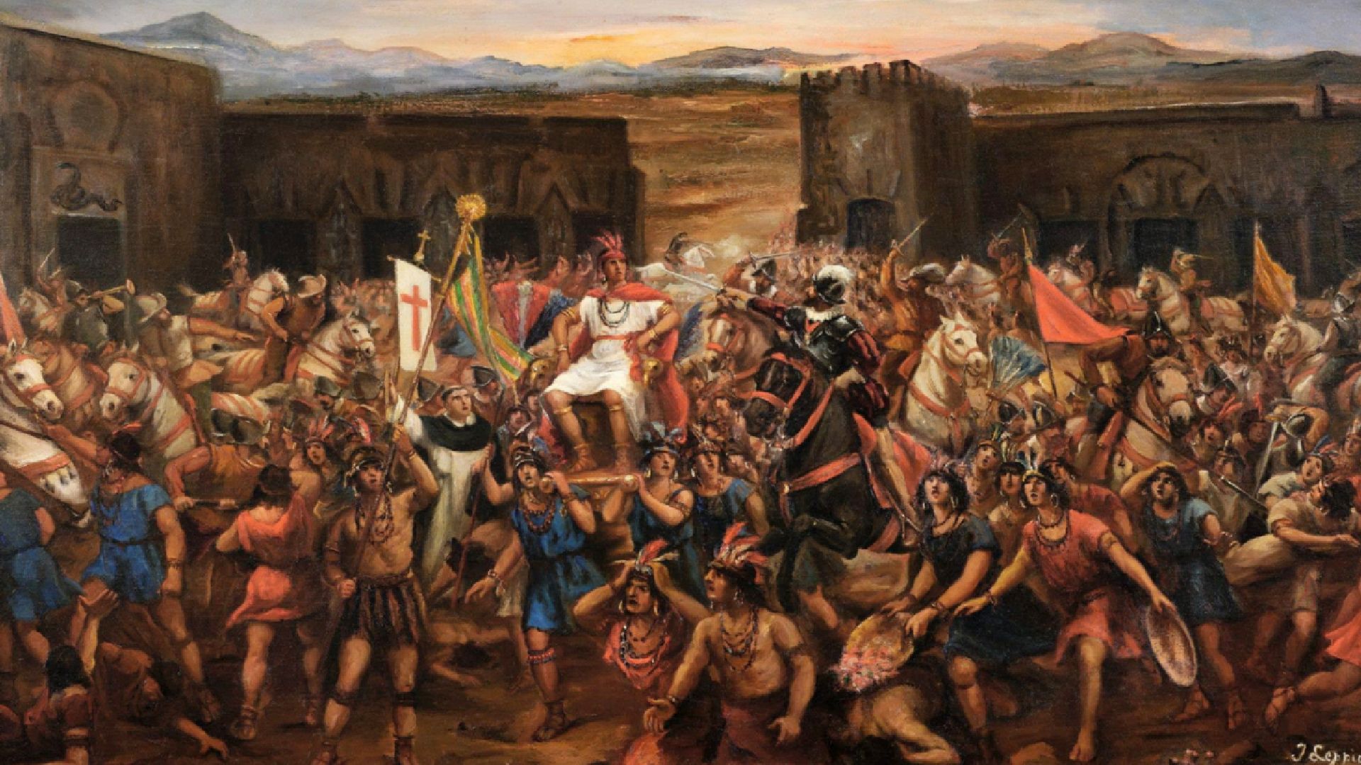 Oleo de Juan B. Lepiani que representa la captura de Atahualpa en Cajamarca (1920-1927).