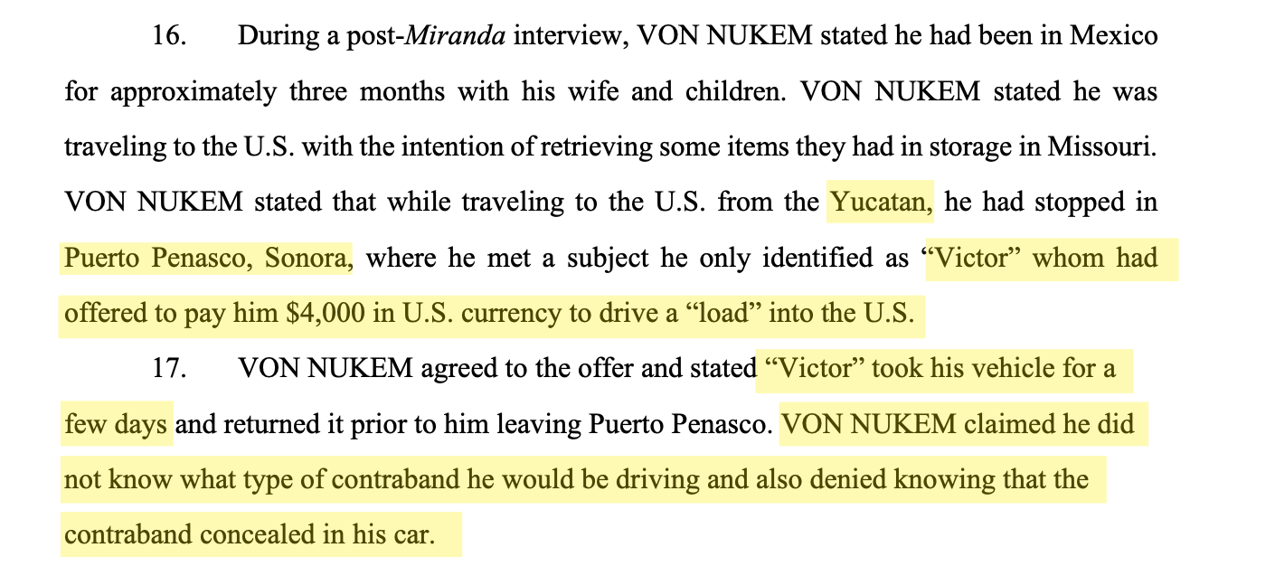Captura del documento de la acusasión de la fiscalía de EEUU contra Teddy Joseph Von Nukem donde relata su versión 