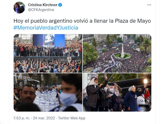 Tuit de Cristina Kirchner sobre la movilización por el Día de la Memoria