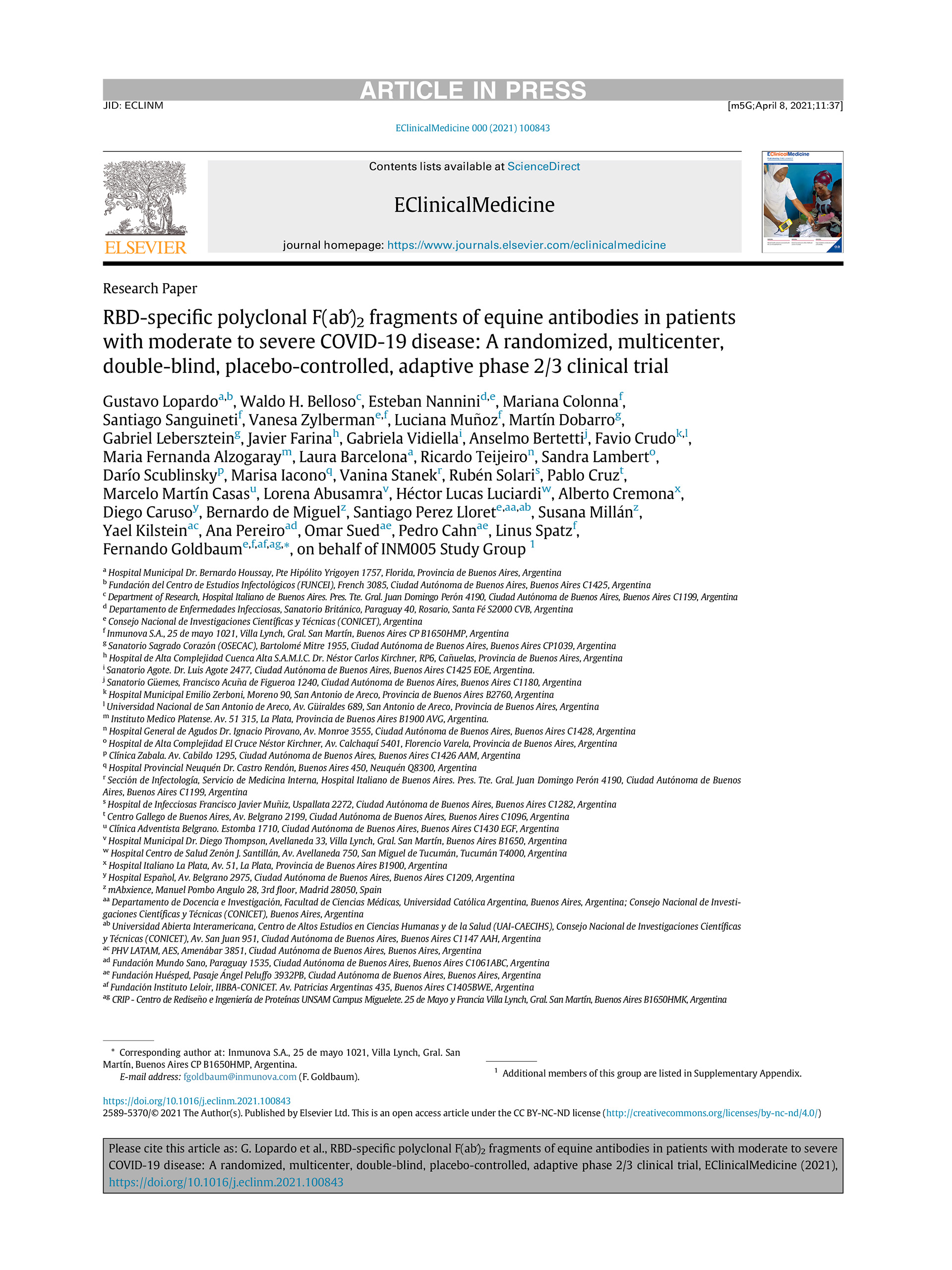 Portada el paper en EClinicalMedicine, The Lancet. El estudio (Fragmentos F(ab’)2 de anticuerpos policlonales equinos específicos contra RBD en pacientes con enfermedad COVID-19 moderada a severa: un ensayo clínico Fase 2/3 adaptativo, randomizado, multicéntrico, doble ciego y controlado con placebo”) realizado en nuestro país, se encuentra disponible para toda la comunidad científica y profesionales de la salud de todo el mundo