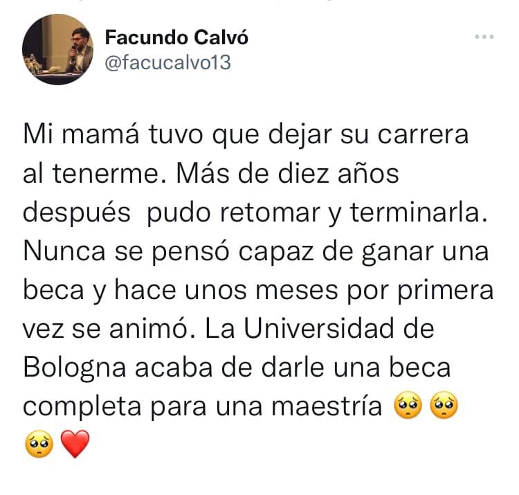 El mensaje que publicó Facundo Calvo en su cuenta de Twitter sobre la historia de su mamá