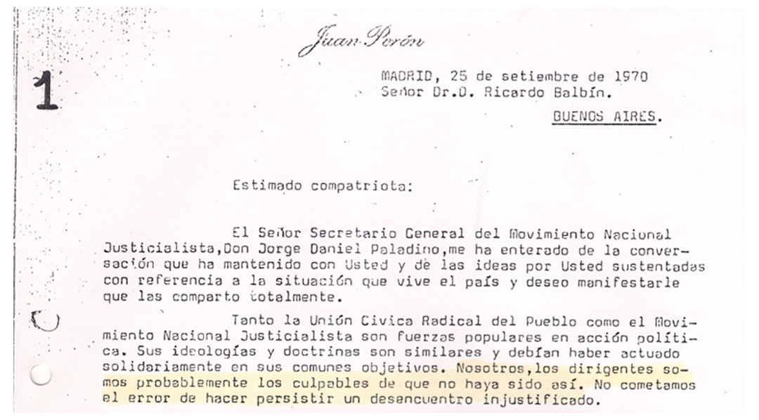 Introducción de la carta de Perón al radical Ricardo Balbín