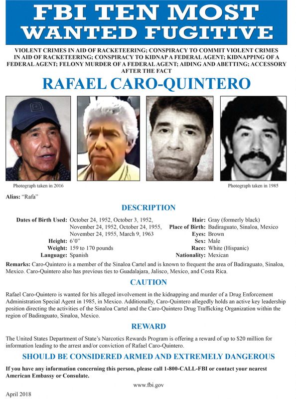 Un cartel de los 10 fugitives más wanted del FBI muestra a Rafael Caro Quintero.  FBI (Federal Bureau of Investigation) / Handout via REUTERS ATTENTION EDITORS - THIS IMAGE WAS PROVIDED BY A THIRD PARTY.  MANDATORY CREDIT