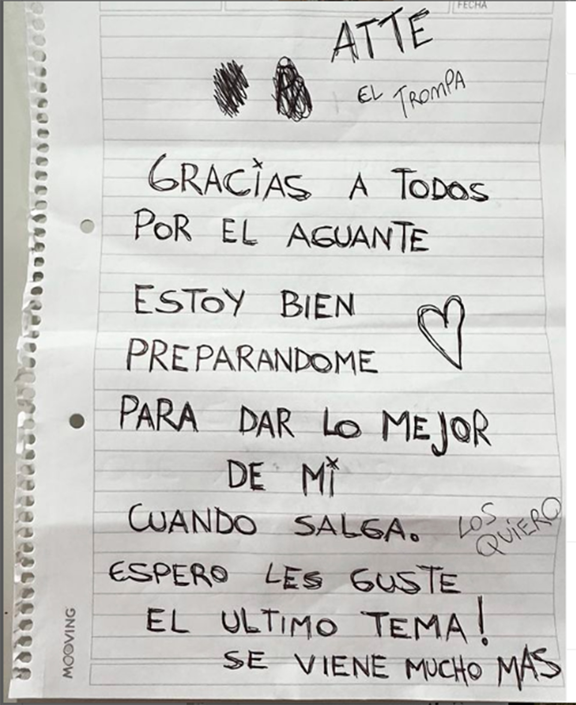 La carta de L-Gante para sus fans (Instagram)