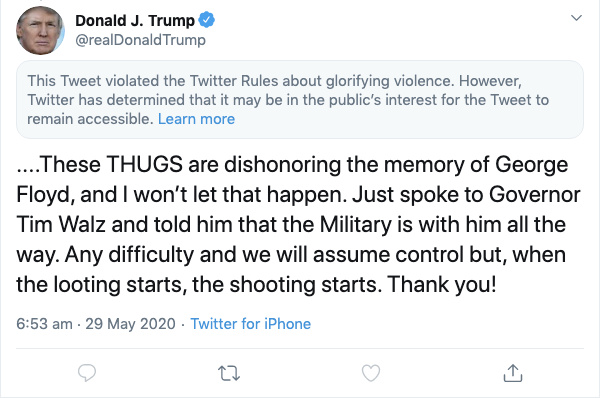 Captura de pantalla del tuit realizado por el presidente de Estados Unidos, Donald Trump, publicado el 29 de mayo de 2020 (Twitter/ @realDonaldTrump vía Reuters)