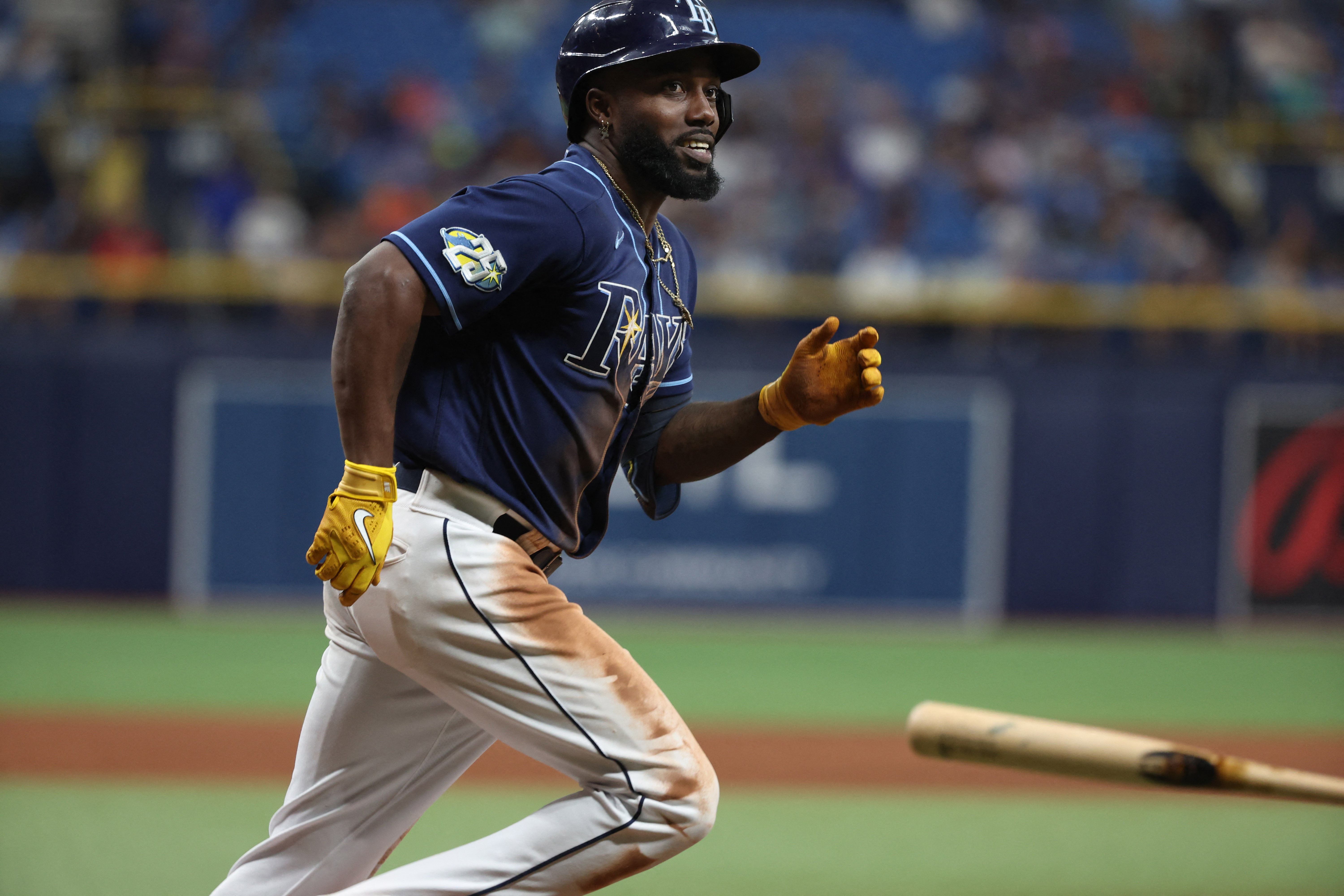 May 25, 2023; St. Petersburg, Florida, USA; Tampa Bay Rays left fielder Randy Arozarena (56) reacts after hitting a RBI single against the Toronto Blue Jays during the seventh inning at Tropicana Field. Mandatory Credit: Kim Klement-USA TODAY Sports
