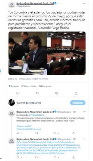 Registraduría Nacional del Estado Civil dice que dará garantías de cara a las elecciones presidenciales.
Pantallazo del Twitter de la Registraduría