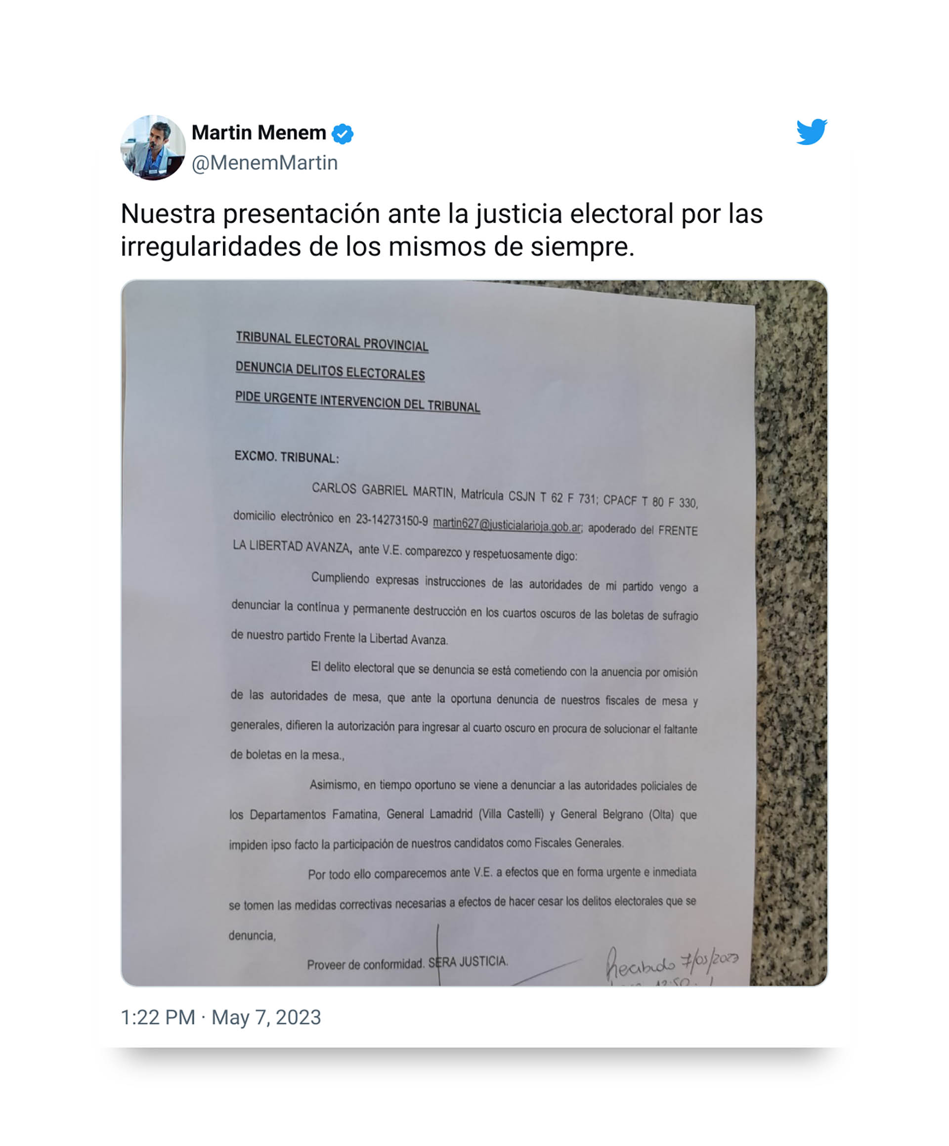 La denuncia de Martín Menem