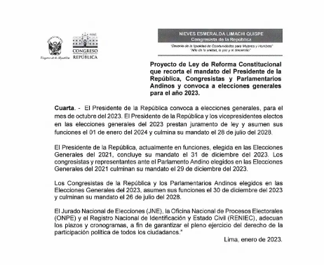 Formula de Perú Democrático para adelantar las elecciones este 2023.