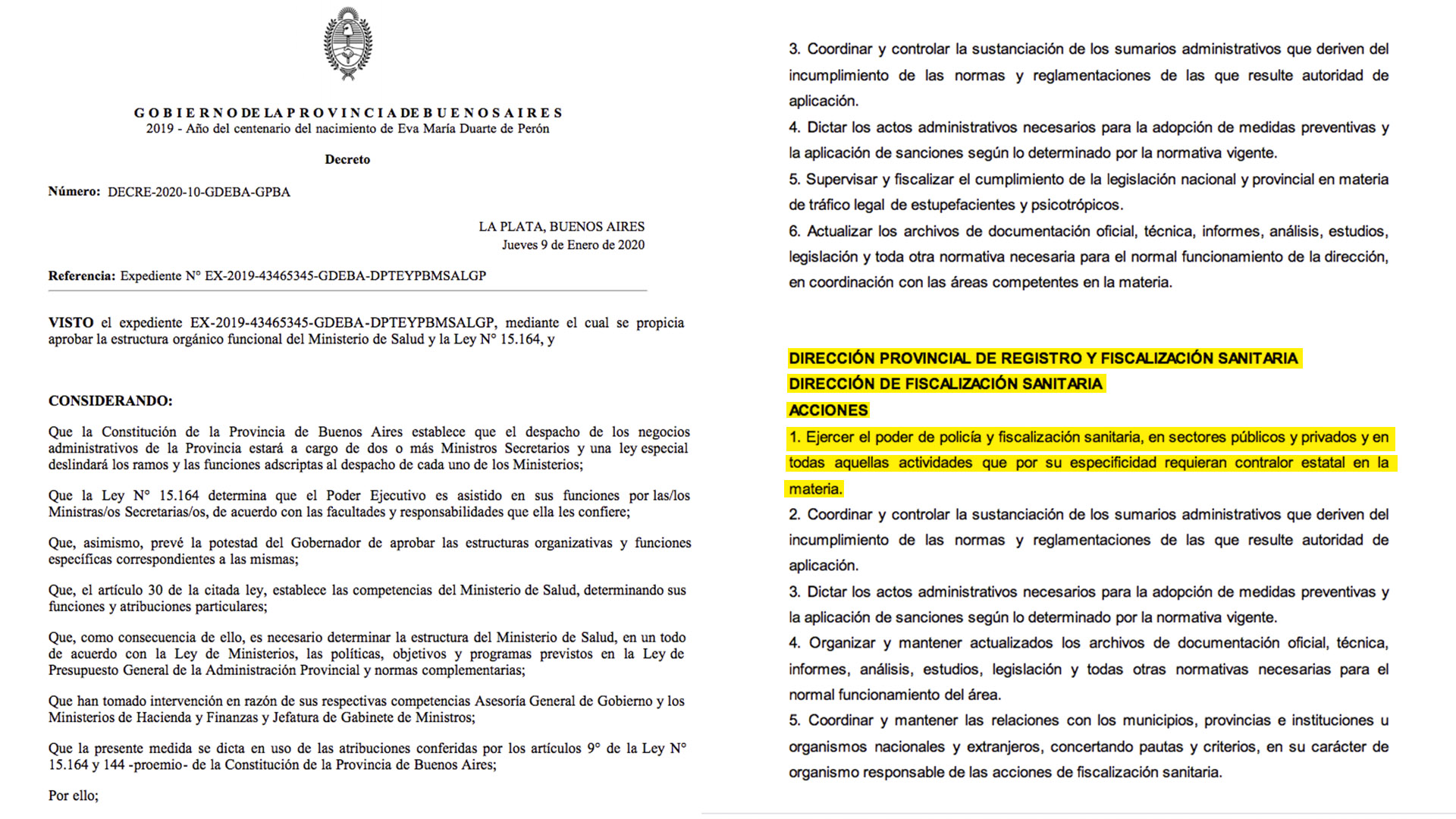 Decreto 10/2020 emitido por el Gobierno de la Provincia de Buenos Aires en enero de este año, que establece el rol de fiscalización del Ministerio de Salud respecto de las clínicas privadas 