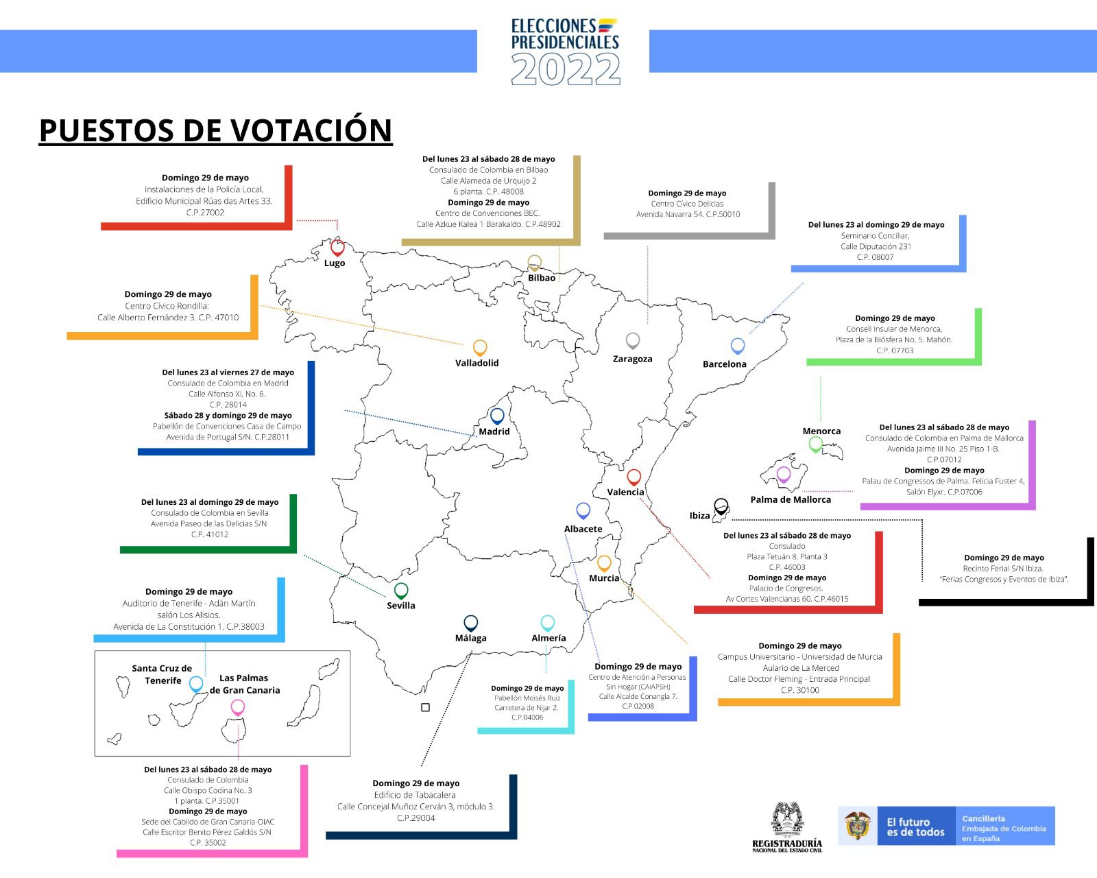 Mapa de los puestos de votación para los colombianos en España. Foto: Embajada de Colombia en España