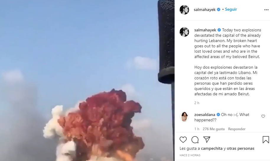 La actriz compartió un video que muestra la explosión ocurrida esta mañana en El Líbano (Foto: Instagram @salmahayek)