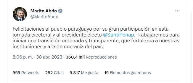 Peña tomará el testigo del actual presidente del Paraguay, Mario Abdo Benítez, quien lo felicitó por su victoria.