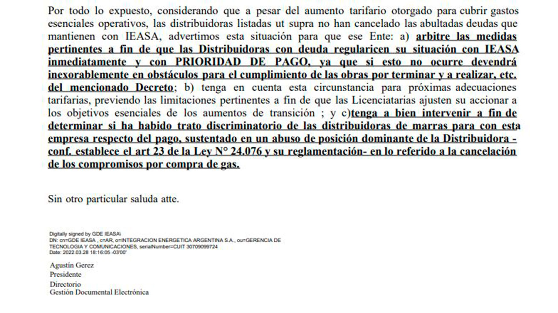El final de la primera carta que firmó Gerez, el 28 de marzo, y anuló dos días después