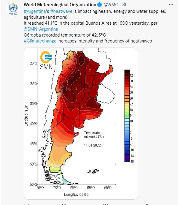 La Organización Meteorológica Mundial tuitió la ola de calor en Argentina en enero último (OMM)