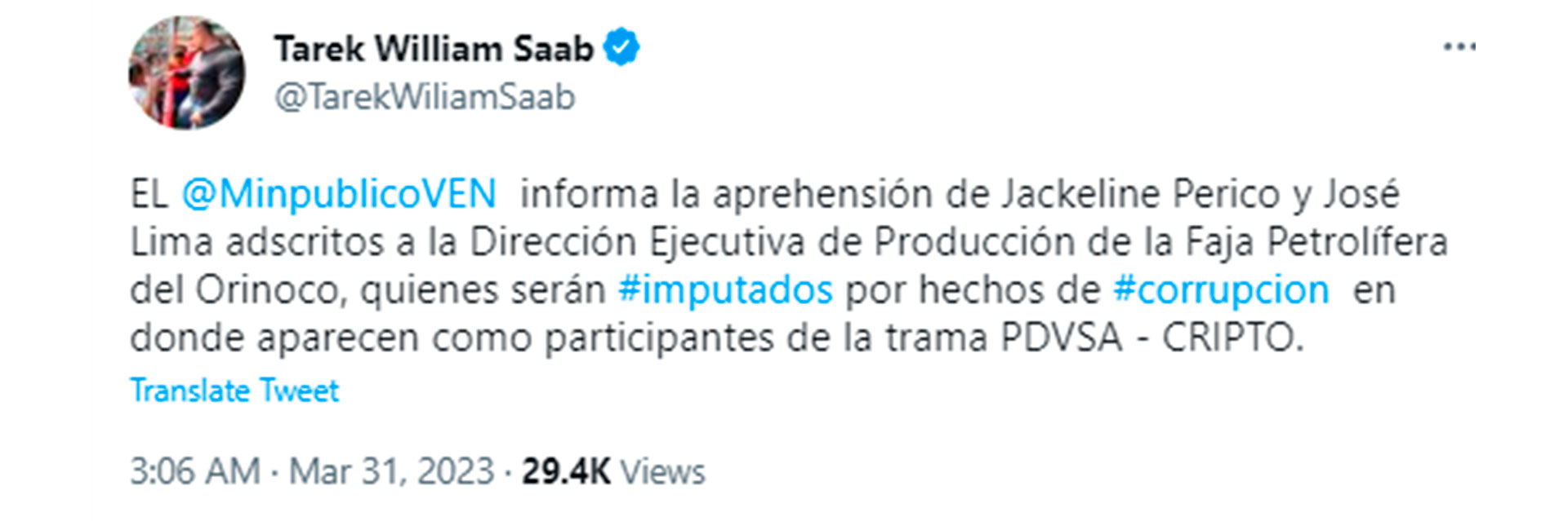 El mensaje de Tarek William Saab en Twitter