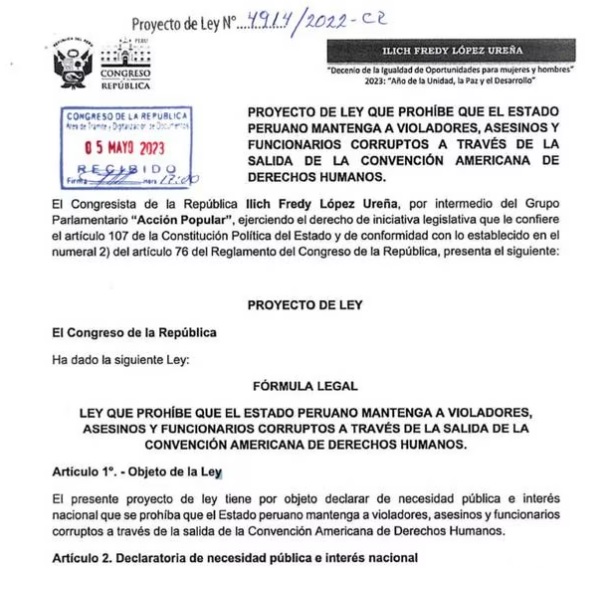 Proyecto de ley que promueve que el Perú se salga de la Convención Americana de Derechos Humanos.