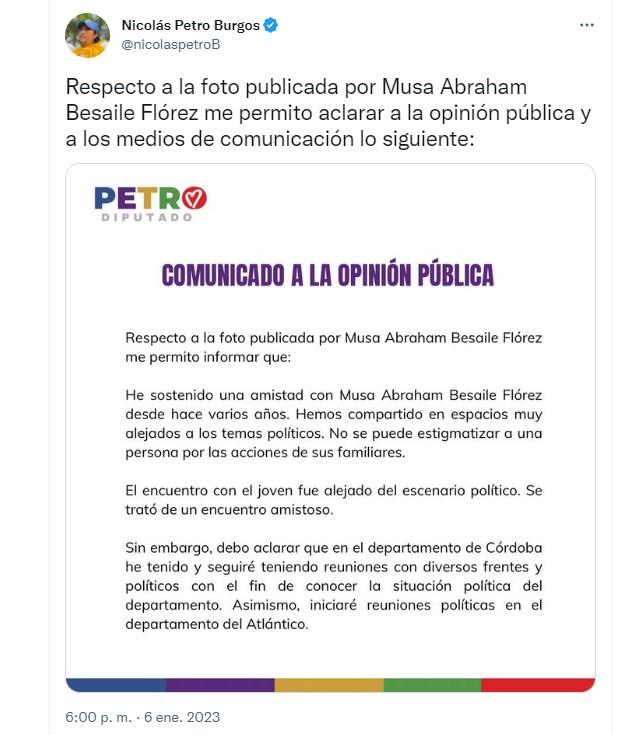 El hijo del presidente Gustavo Petro aclaró el porqué de la foto con el hijo del exsenador condenado por vínculos con el paramilitarismo. Twitter.