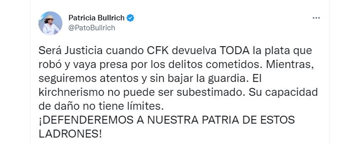 Tuit de Patricia Bullrich sobre la condena a Cristina Kirchner