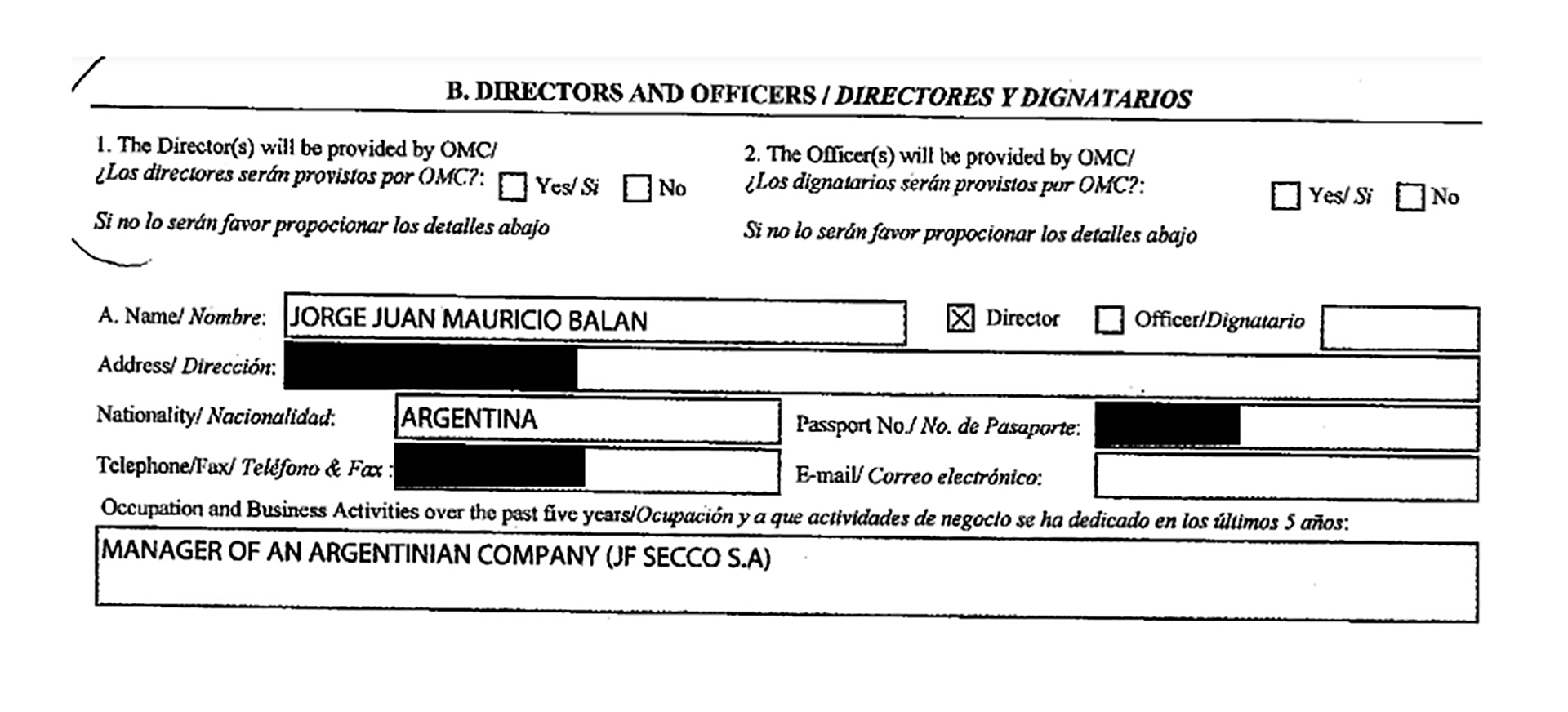 El formulario donde el empresario santafesino Jorge Balán aparece como accionista de la firma Apheze SA