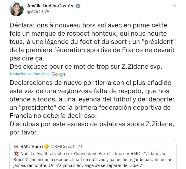 La ministra de Deportes de Francia cuestionó los dichos del presidente de la Federación contra Zidane