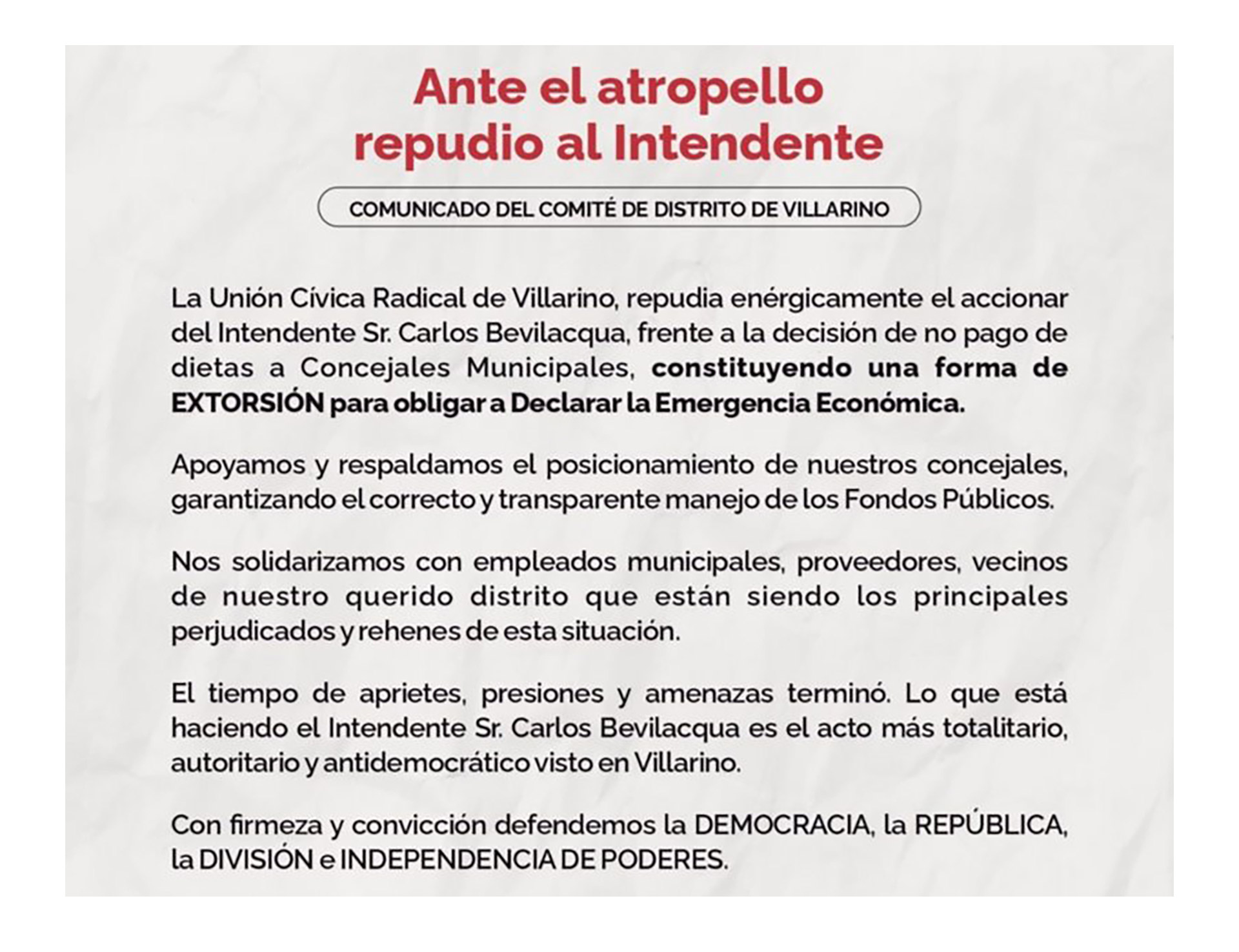 El comunicado de la UCR de Villarino repudiando el accionar de Bevilacqua