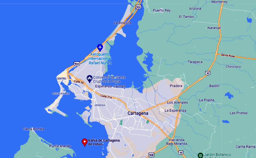 Mapa de la Bahía de Cartagena - Colombia. Google Maps.