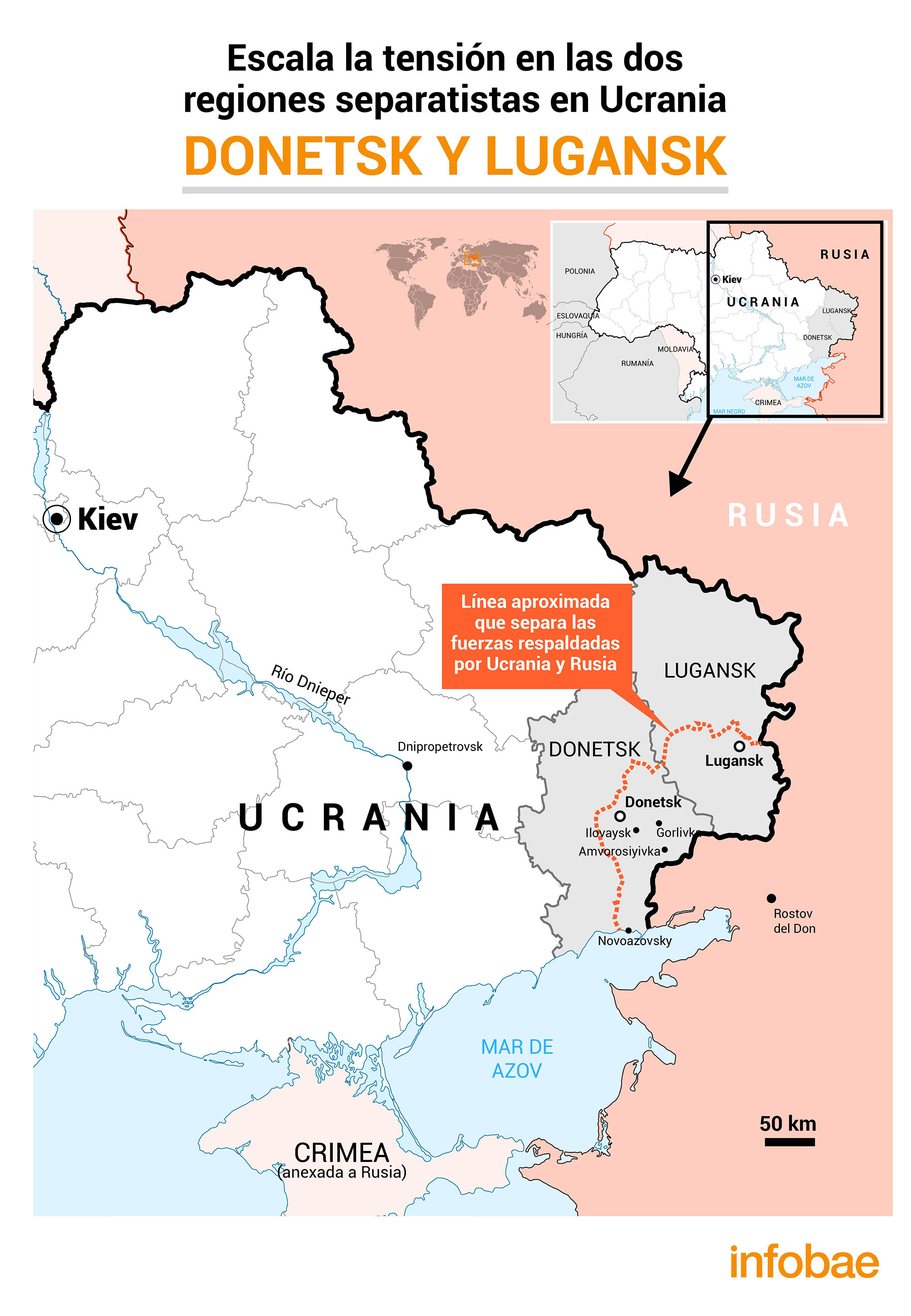 La zona en disputa desde 2014. Las fuerzas ucranianas luchan contra rebeldes apoyados indirectamente por Rusia