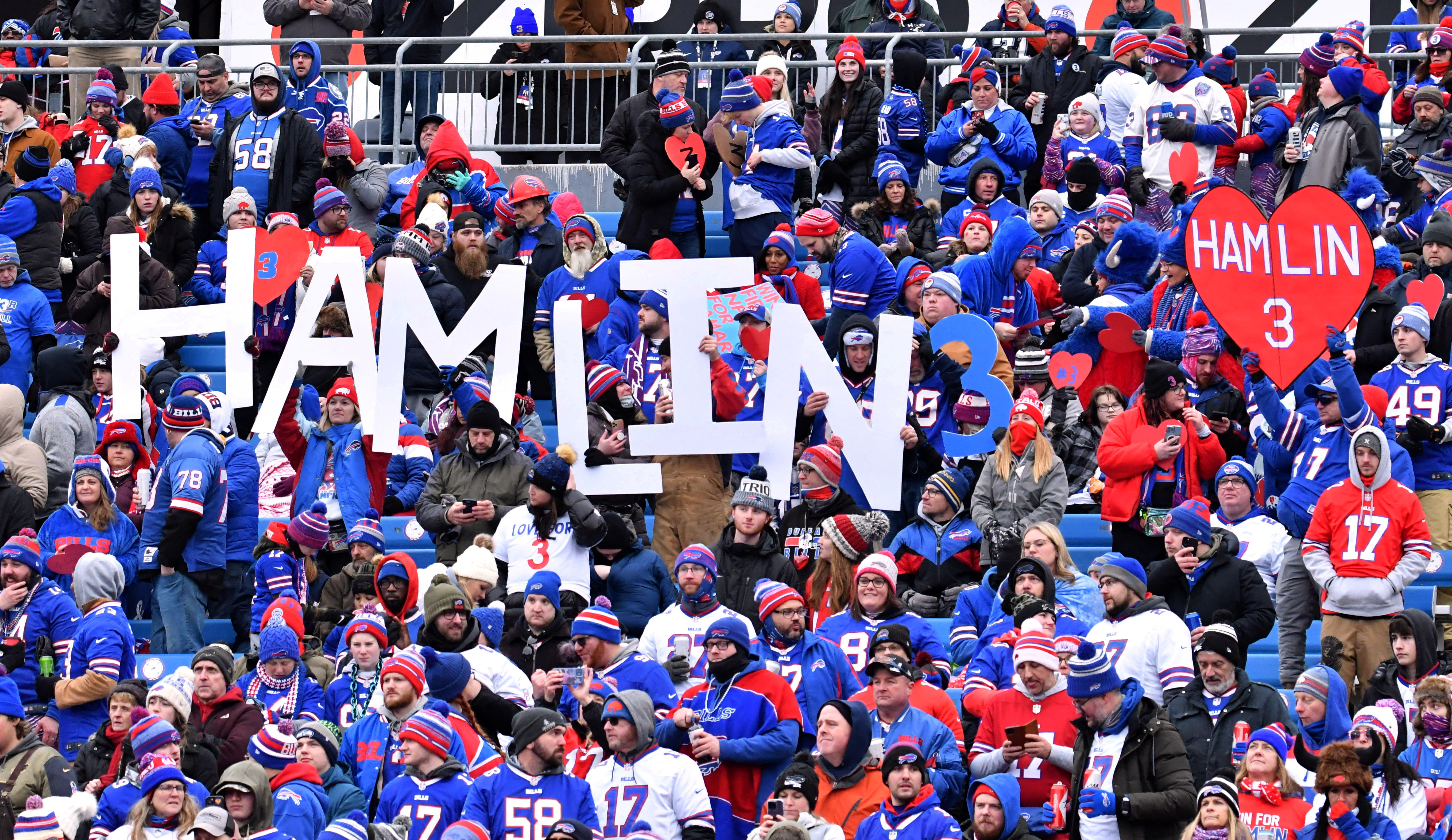Buffalo Bills fans show their support for Damar Hamlin before a game against the New England Patriots at Highmark Stadium (Mandatory Credit: Mark Konezny-USA TODAY Sports TPX IMAGES OF THE DAY)