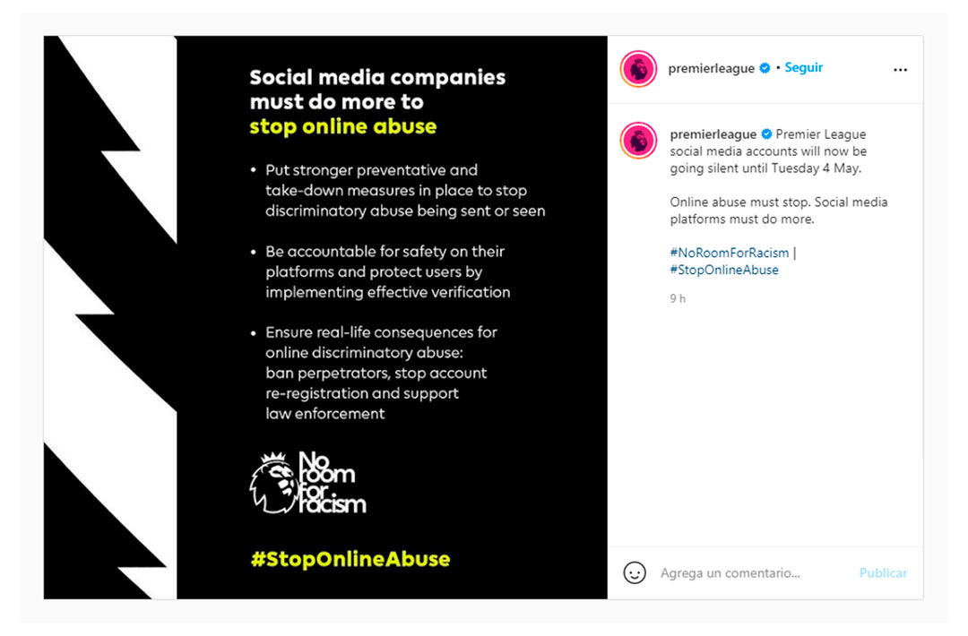 "Las empresas de redes sociales deben hacer más para evitar la discriminación en línea", señala el posteo en Instagram, antes del apagón de 4 días en plataformas, de la cuenta oficial de la Premier League (@premierleague)
