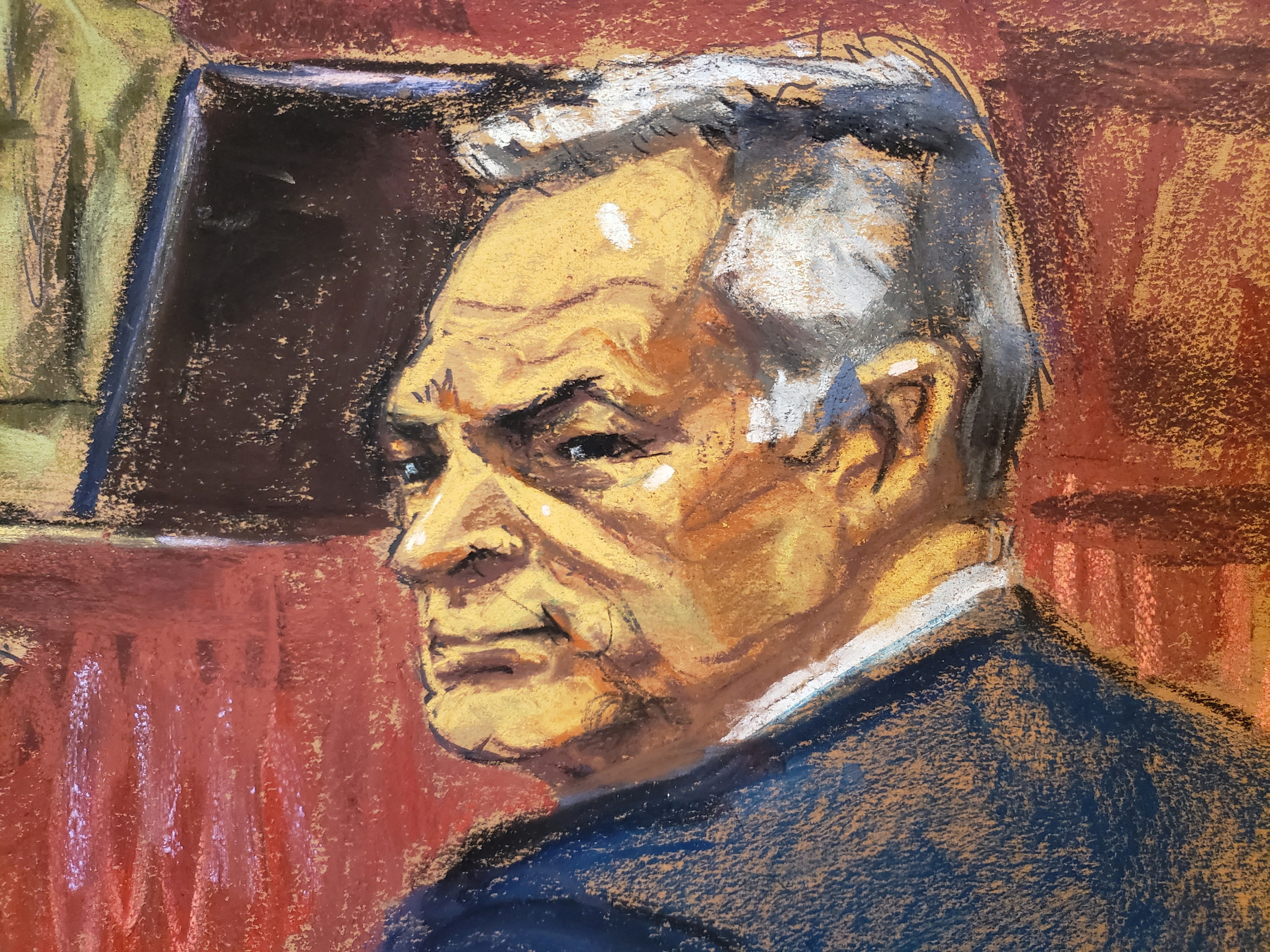 Mexico's former Public Security Minister Genaro Garcia Luna listens during his trial on charges that he accepted millions of dollars to protect the powerful Sinaloa Cartel, once run by imprisoned drug lord Joaquin "El Chapo" Guzman, at a courthouse in New York City, U.S., February 7, 2023 in this courtroom sketch. REUTERS/Jane Rosenberg