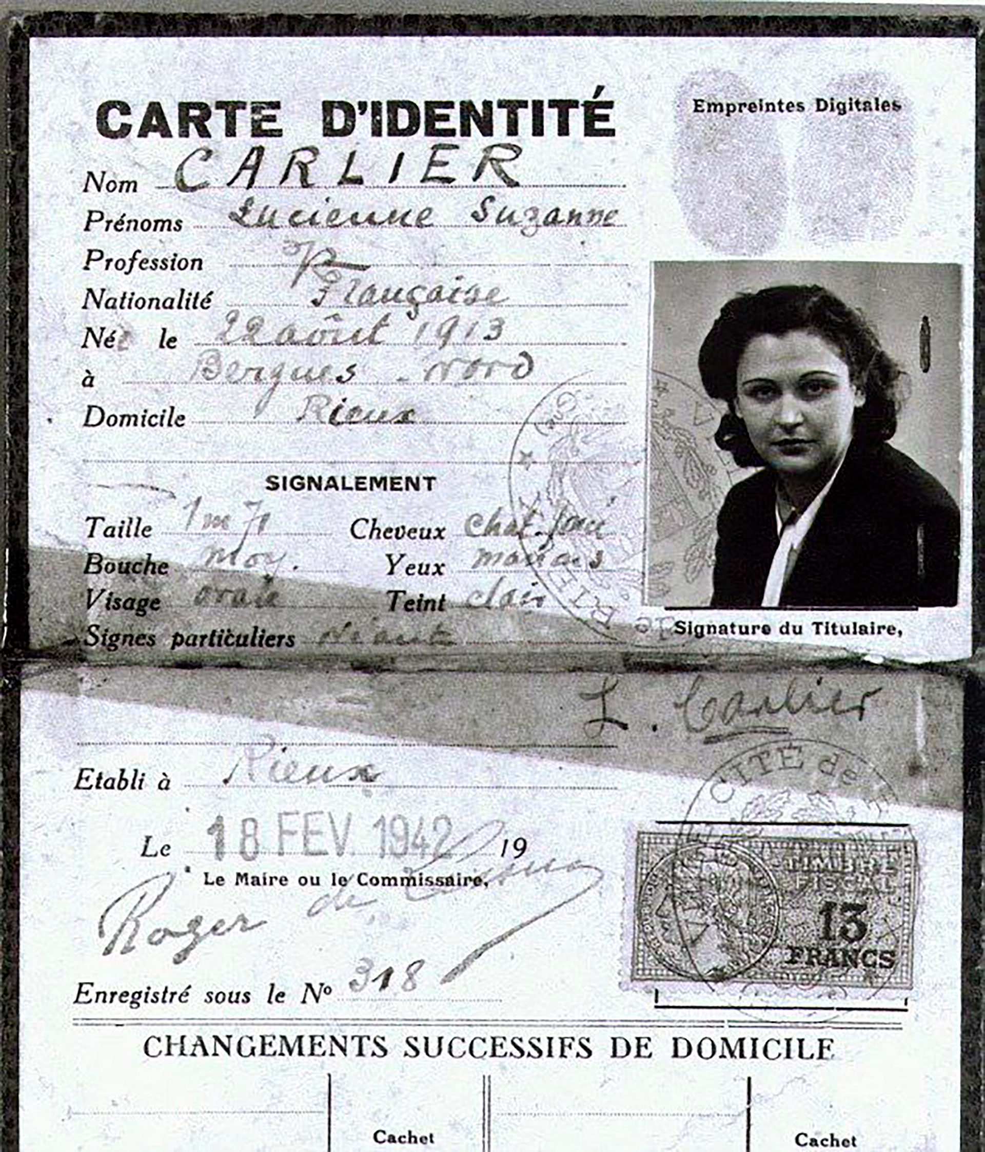 La tarjeta de identificación francesa falsa en la que se conocía a Wake como Lucienne Carlier