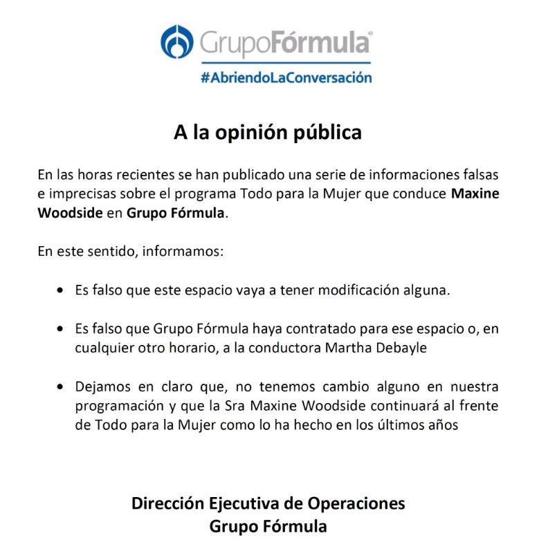 Comunicado de la empresa y Maxine Woodside
(Foto: Grupo Fórmula)