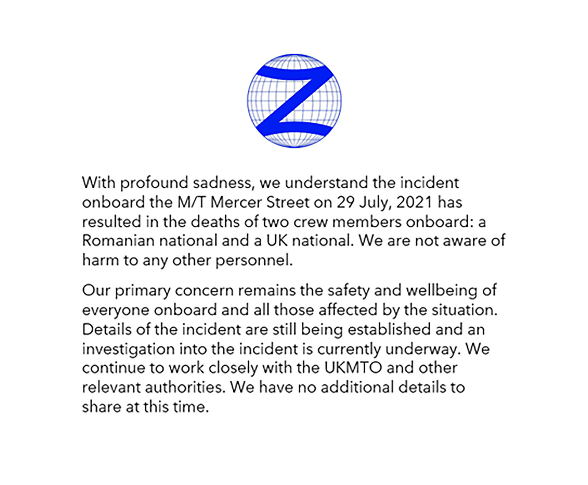 El comunicado de Zodiac en el que lamenta la muerte de dos tripulantes del MT Mercer Street durante el ataque