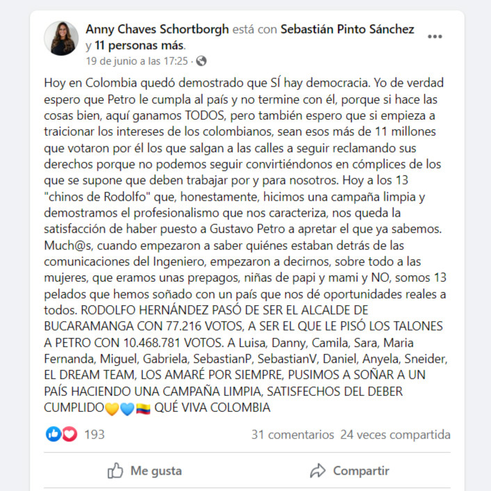 Anny Chaves, del equipo de Rodolfo Hernández, señaló en redes sociales que espera que Gustavo Petro cumpla sus promesas