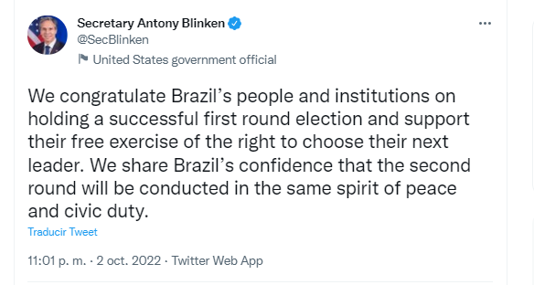 El mensaje publicado por el secretario de Estado de los Estados Unidos, Antony Blinken