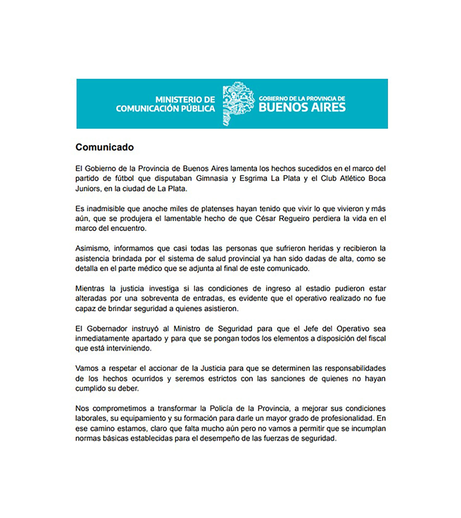 El comunicado oficial del gobierno bonaerense