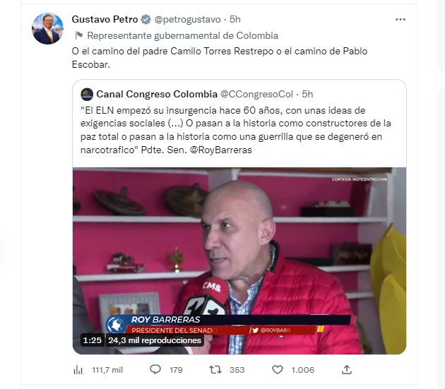 Citando una entrevista de Roy Barreras sobre los diálogos de paz, el presidente Gustavo Petro le dio un ultimátum al ELN.
@petrogustavo/Twitter