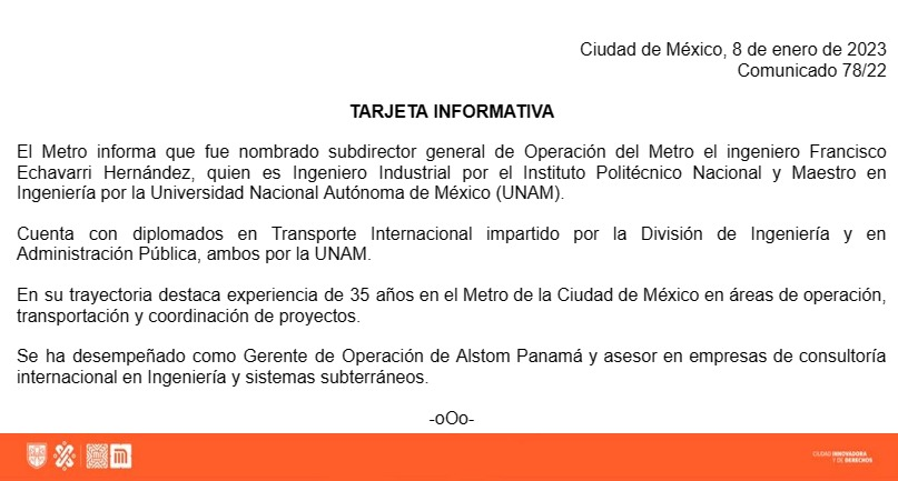 El metro dio a conocer un nuevo subdirector de Operaciones de la CDMX (Twitter/@MetroCDMX)